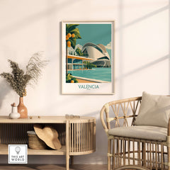 Valencia Spain City of Arts and Sciences Poster - Modern Architecture Wall Art displayed in a stylish living room setting.