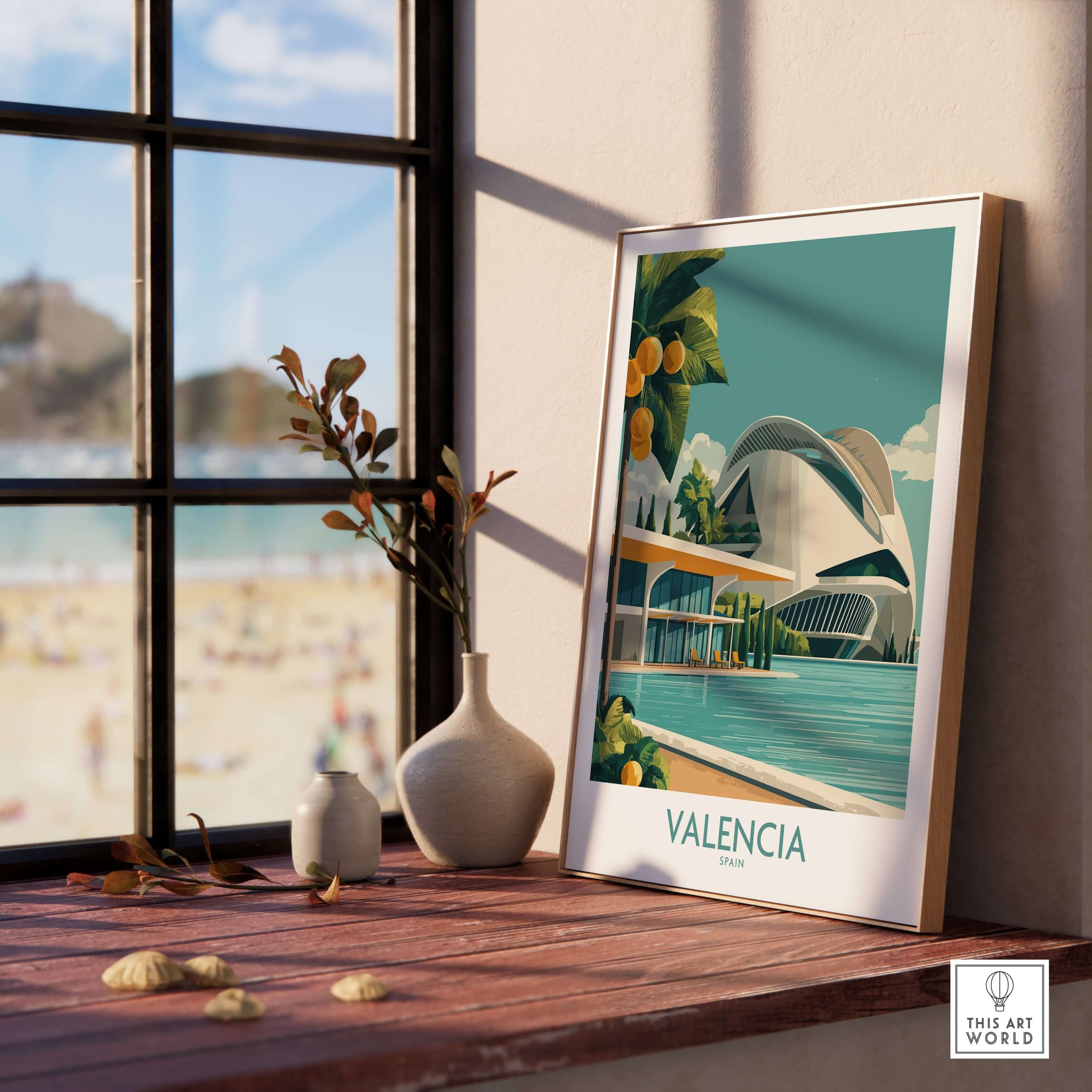 Valencia Spain City of Arts and Sciences Poster - Modern Architecture Wall Art displayed indoors with a sunny beach view.