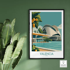Valencia Spain City of Arts and Sciences Poster - Modern Architecture Wall Art in a green room setting.