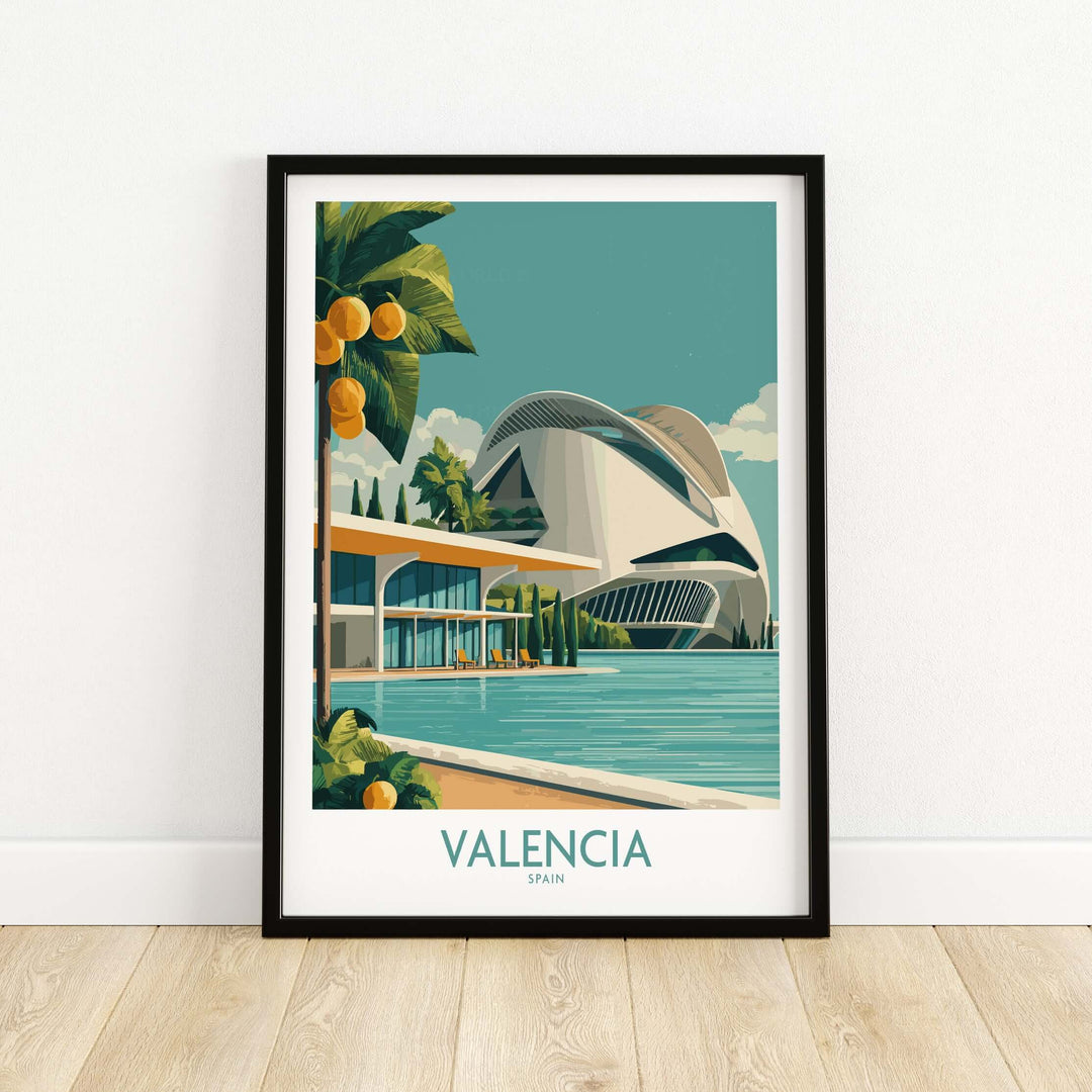 Valencia City of Arts and Sciences poster featuring modern architecture and vibrant colors for wall art.