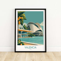 Valencia Spain City of Arts and Sciences Poster - Modern Architecture Wall Art framed in a minimalist room.