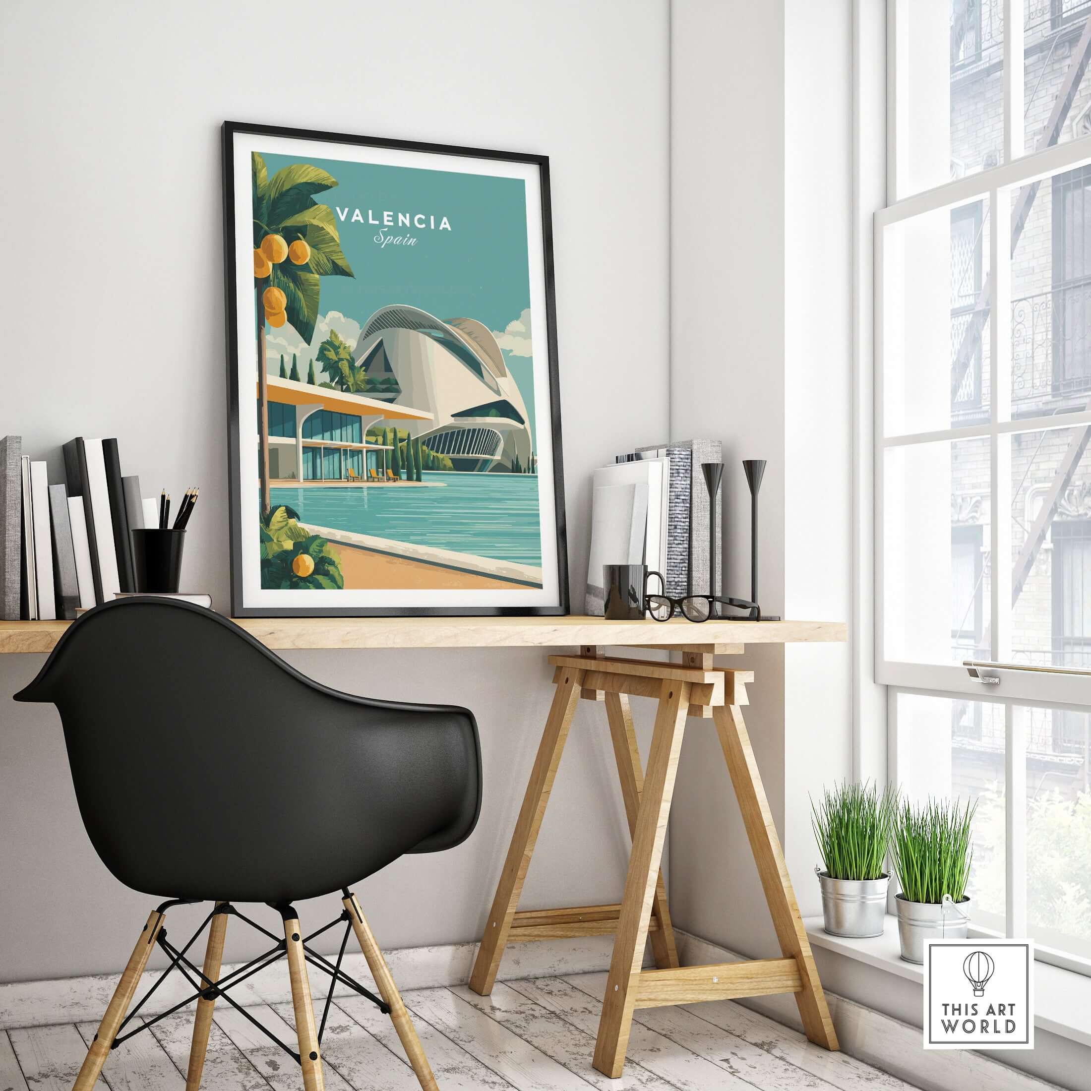 Valencia Spain Print - City of Arts and Sciences Poster displayed in a stylish interior setting.