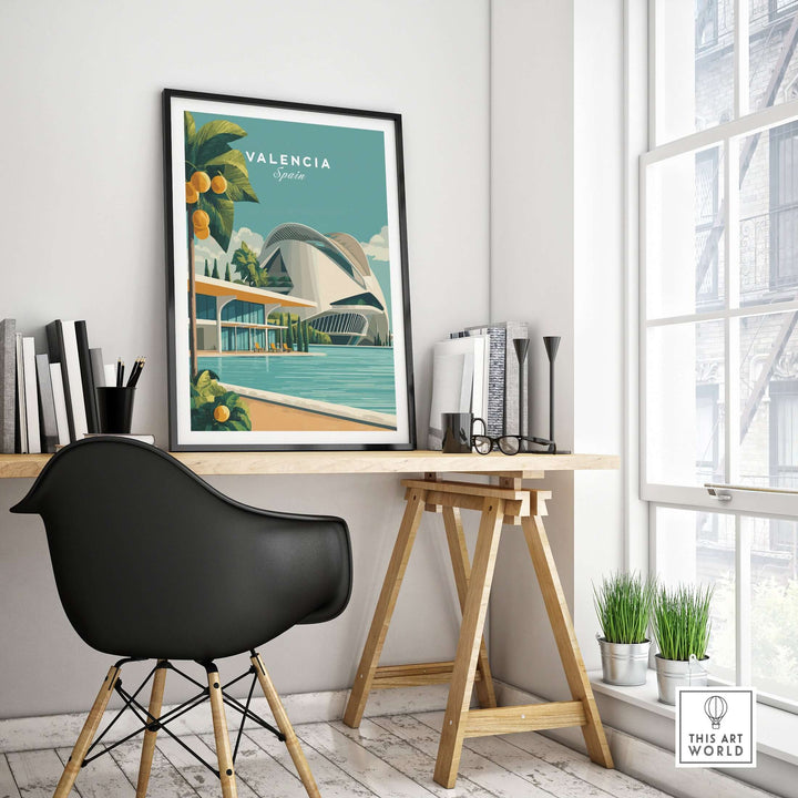 Valencia Spain print showcasing City of Arts and Sciences, vibrant colors in a chic workspace setting.