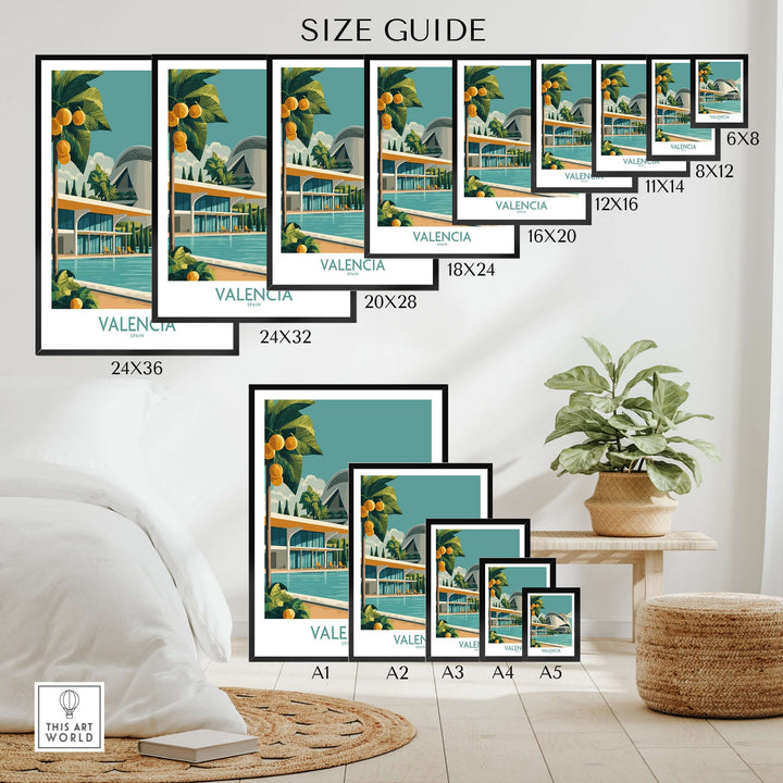 Size guide for Valencia Spain City of Arts and Sciences poster in various dimensions, displayed in a stylish interior setup.