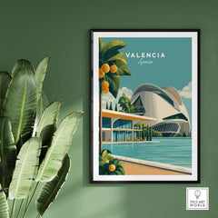 Valencia Spain Print - City of Arts and Sciences Poster showcasing vibrant architecture and greenery.