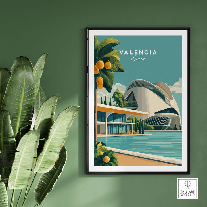 Valencia Spain print featuring the City of Arts and Sciences with vibrant colors and architectural details.