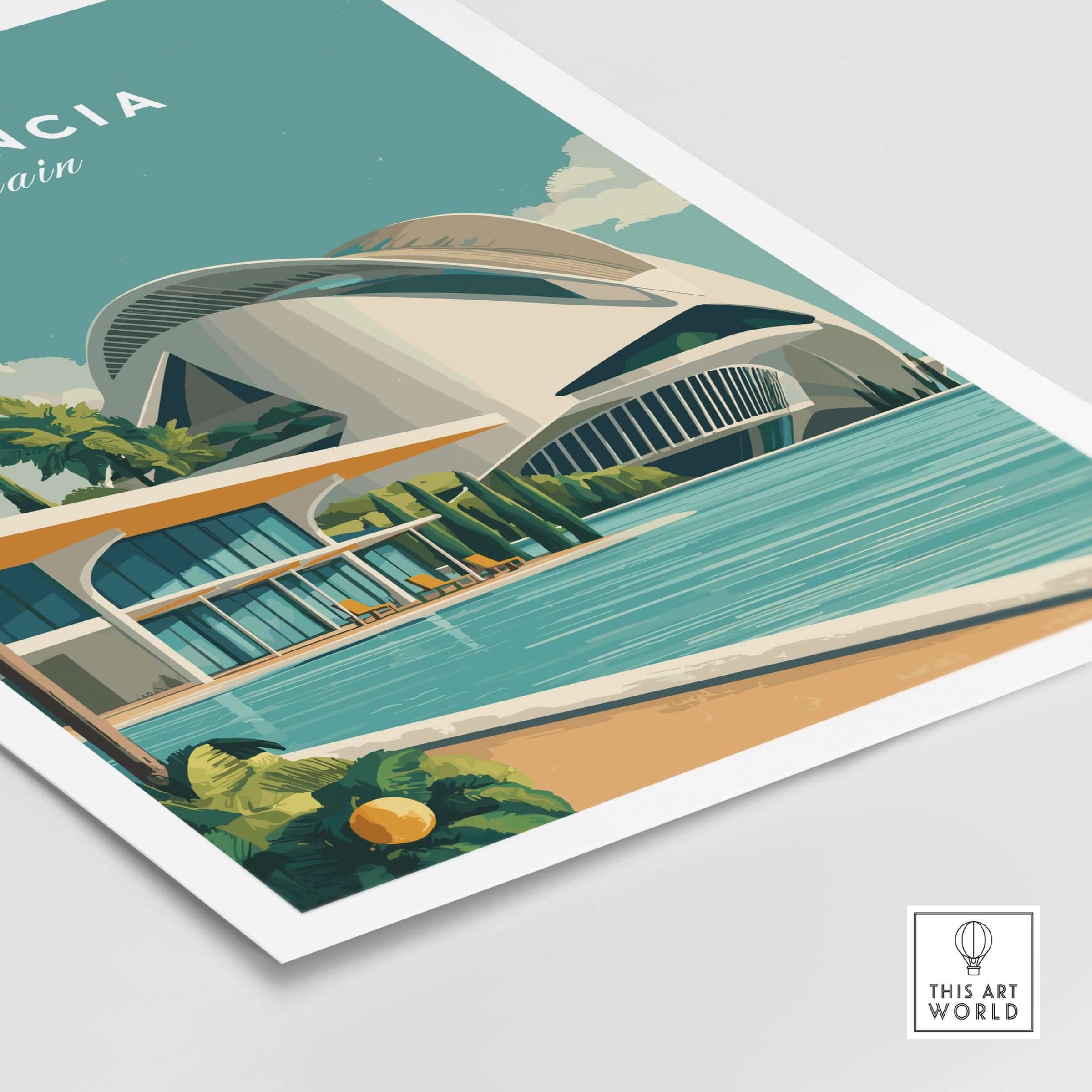 Valencia Spain Print - City of Arts and Sciences Poster showcasing vibrant architecture and serene water features.