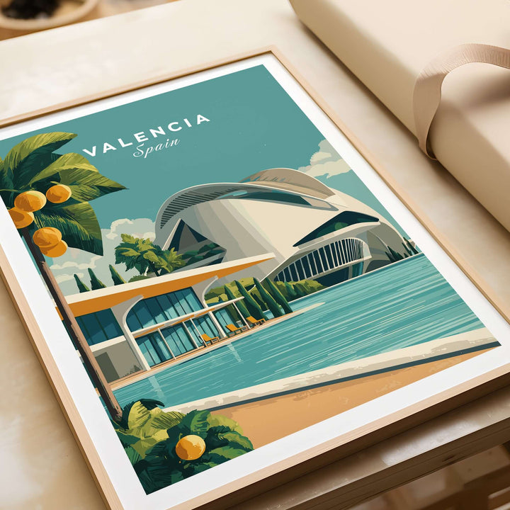 Valencia Spain print featuring the City of Arts and Sciences, showcasing vibrant architecture and lush greenery.