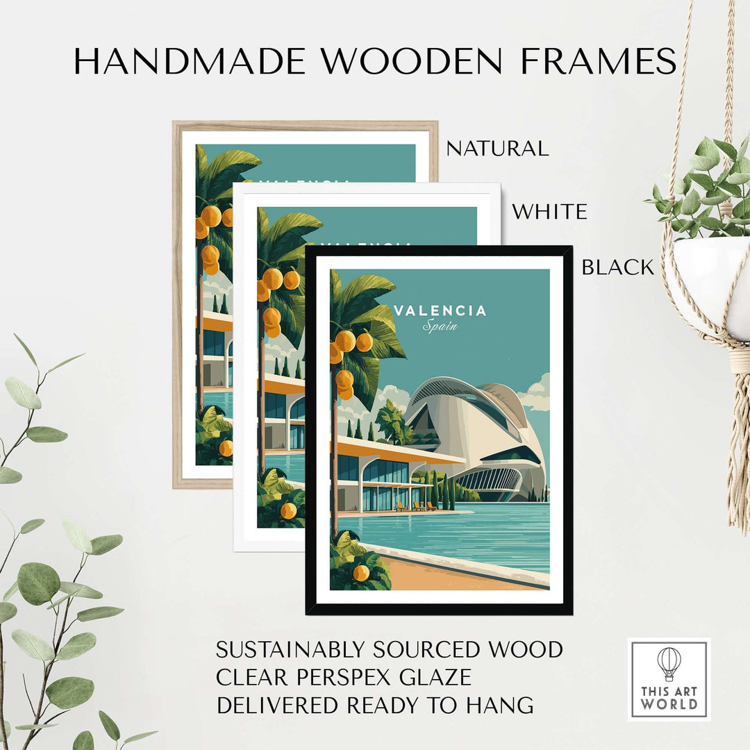 Handmade wooden frames in natural, white, and black colors showcasing Valencia Spain print with a modern design.
