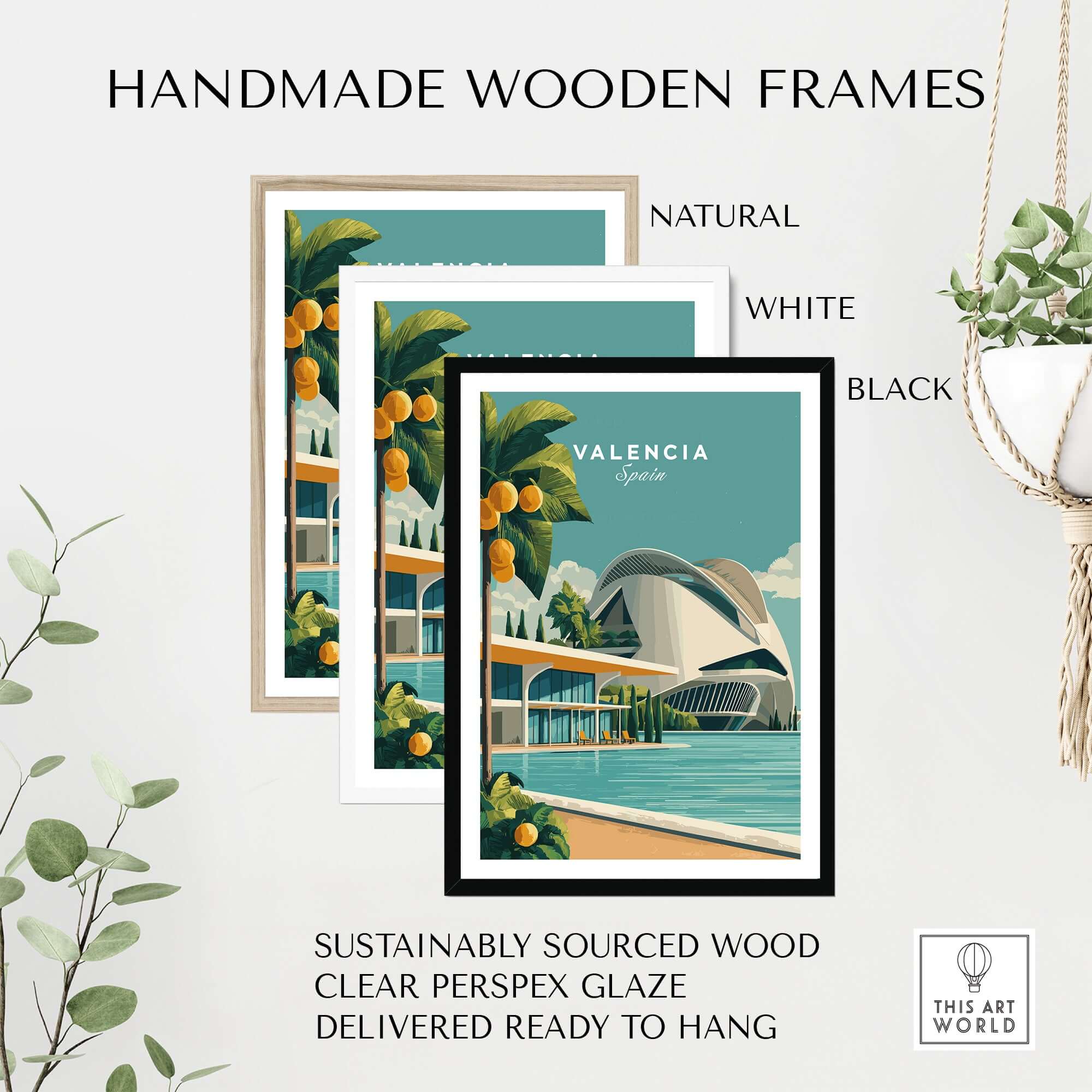 Valencia Spain Print - City of Arts and Sciences Poster framed in handmade wooden frames, natural, white, and black.