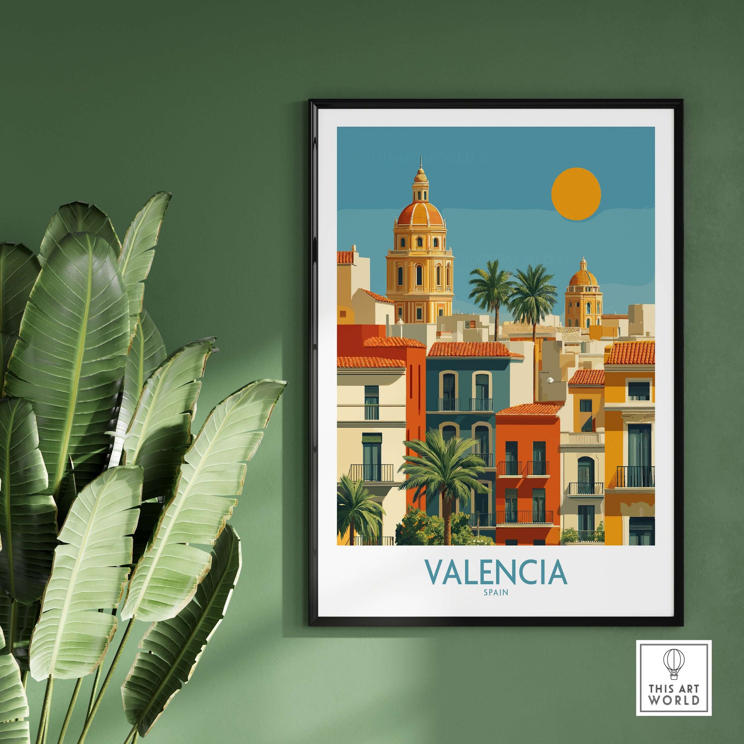Valencia Spain City Skyline Wall Art Print - Spanish Travel Destination Decor in a minimalist frame on a green wall.