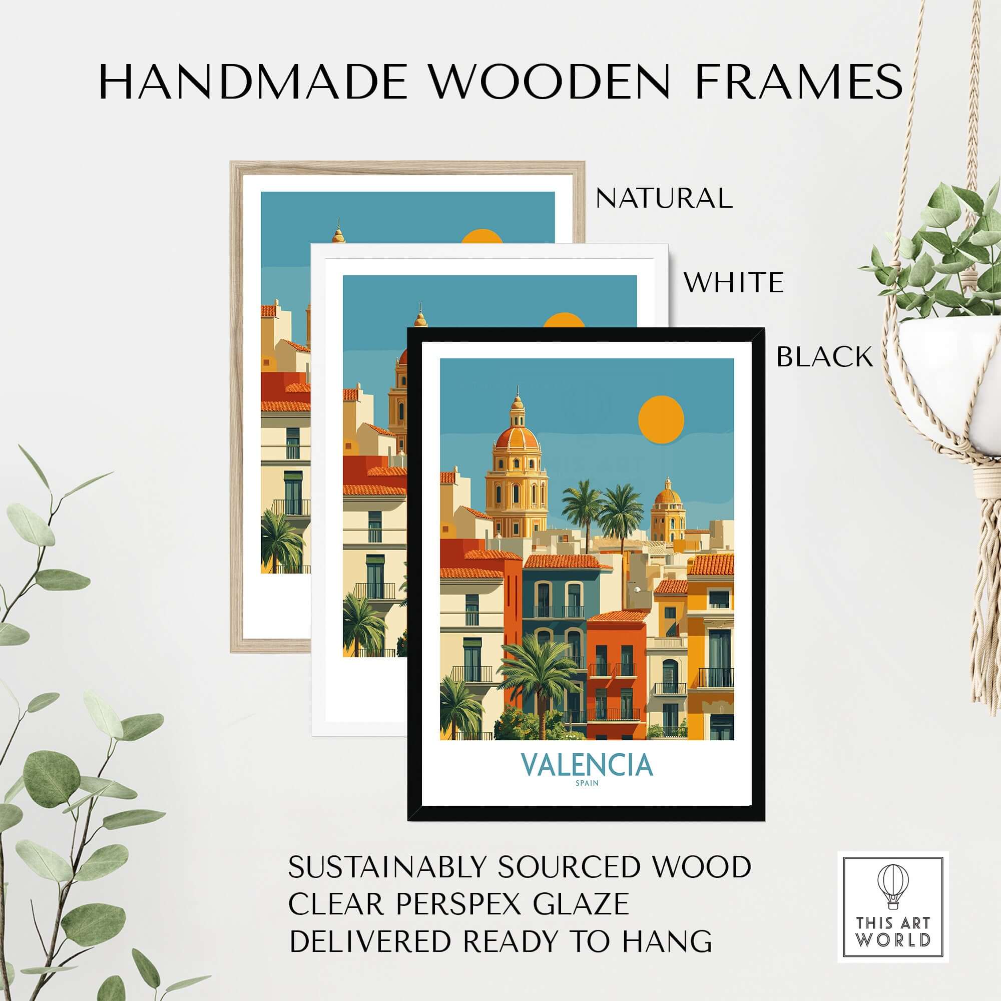 Valencia Spain City Skyline Wall Art Print - Spanish Travel Destination Decor with handmade wooden frames in different colors.