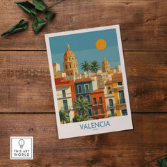 Valencia Spain City Skyline Wall Art Print - Spanish Travel Destination Decor on a wooden surface.