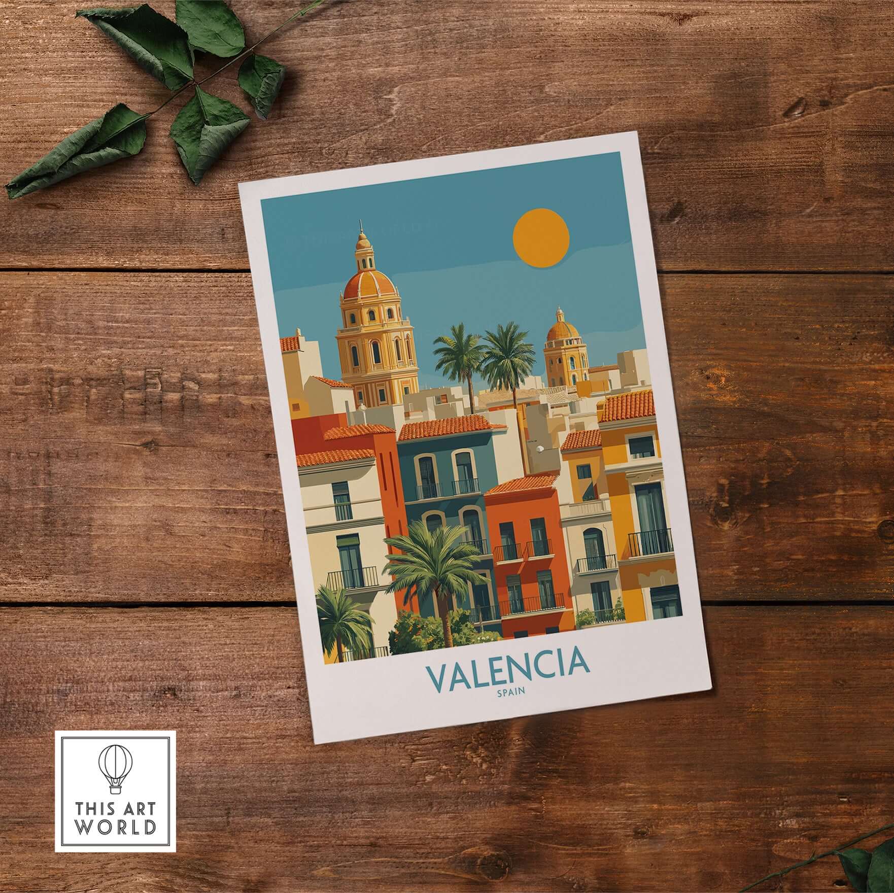 Valencia Spain City Skyline Wall Art Print - Spanish Travel Destination Decor on a wooden surface.