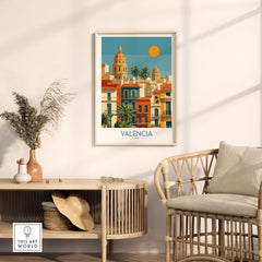 Valencia Spain City Skyline Wall Art Print - Spanish Travel Destination Decor in a modern interior setting.