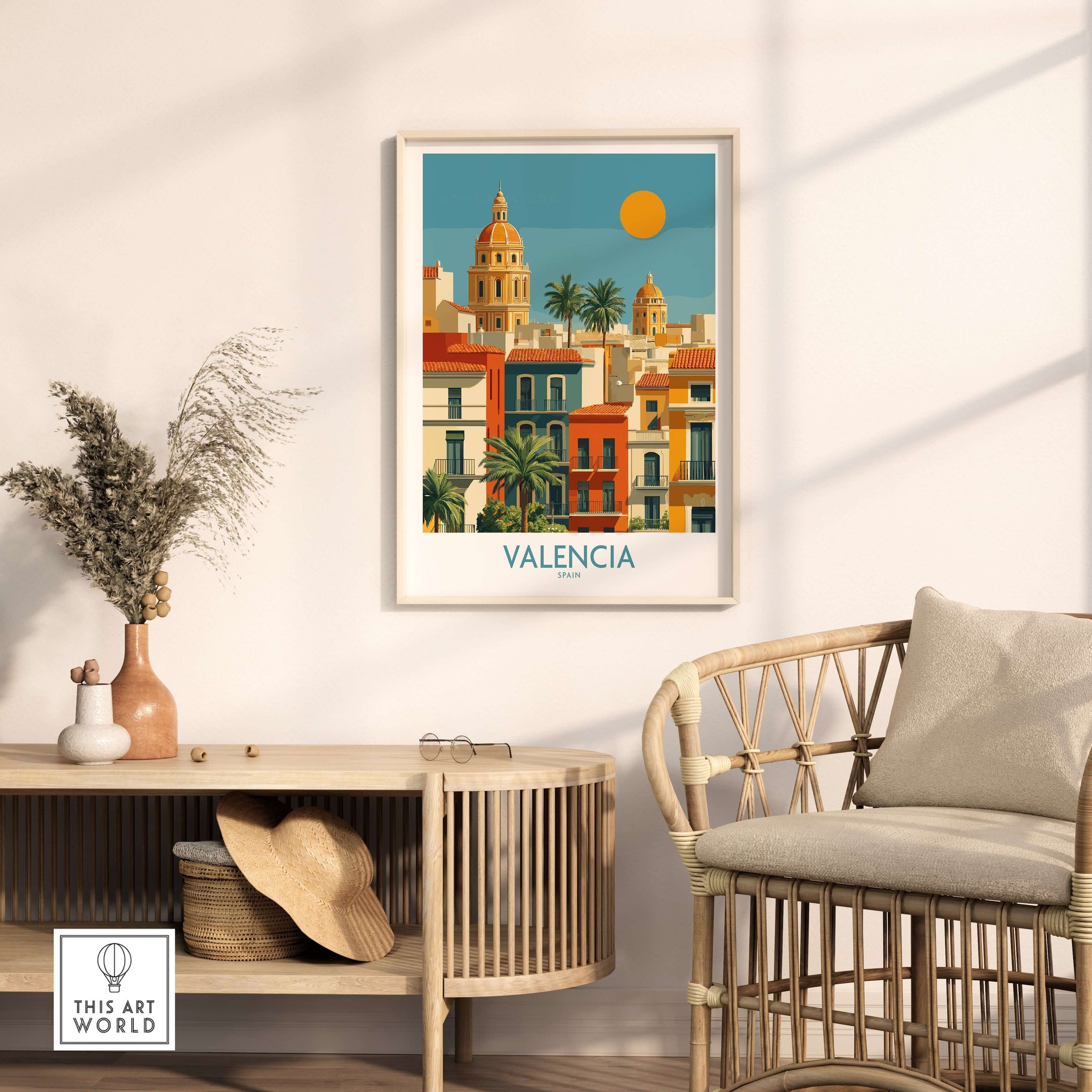 Valencia Spain City Skyline Wall Art Print - Spanish Travel Destination Decor in a modern interior setting.