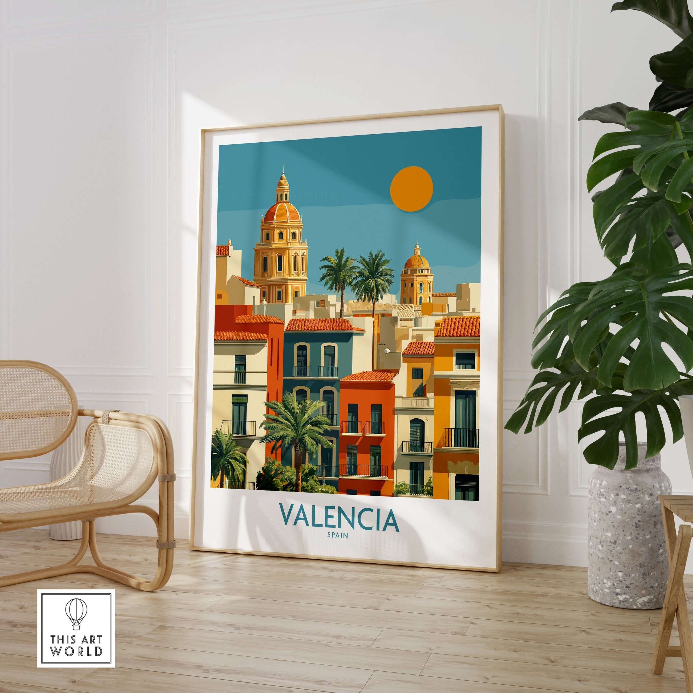 Valencia Spain City Skyline Wall Art Print - Spanish Travel Destination Decor showcased in a stylish home setting.
