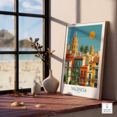 Valencia Spain City Skyline Wall Art Print - Spanish Travel Destination Decor displayed in a stylish interior with a beach view.