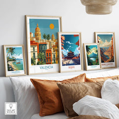 Valencia Spain City Skyline Wall Art Print - Spanish Travel Destination Decor displayed among other travel art prints.