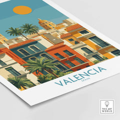 Valencia Spain City Skyline Wall Art Print - Spanish Travel Destination Decor featuring vibrant buildings and palm trees.