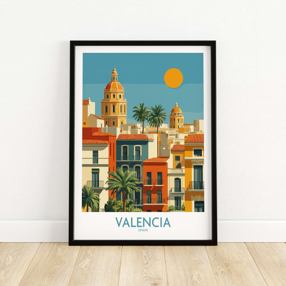Valencia Spain city skyline wall art print featuring vibrant buildings and palm trees, perfect for home decor.