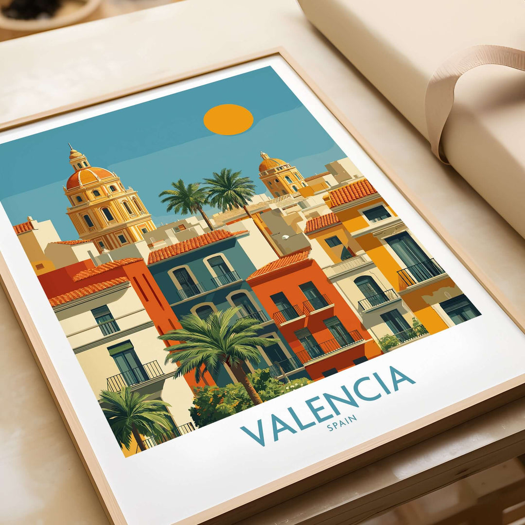 Valencia Spain city skyline wall art print featuring colorful buildings and palm trees, perfect for home décor.