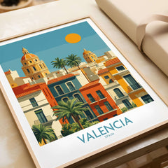 Valencia Spain City Skyline Wall Art Print - Spanish Travel Destination Decor showcasing vibrant buildings and palm trees.