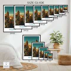 Valencia Spain Old Town Travel Poster Wall Art size guide showcasing various frame dimensions on a stylish home decor setting