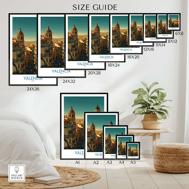 Size guide for Valencia Spain travel poster wall art prints showcasing various frame sizes in a modern room setting.