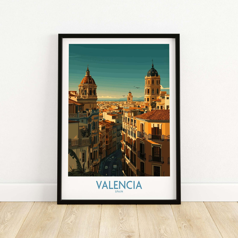 Valencia Spain Old Town travel poster featuring colorful buildings and skyline art print.