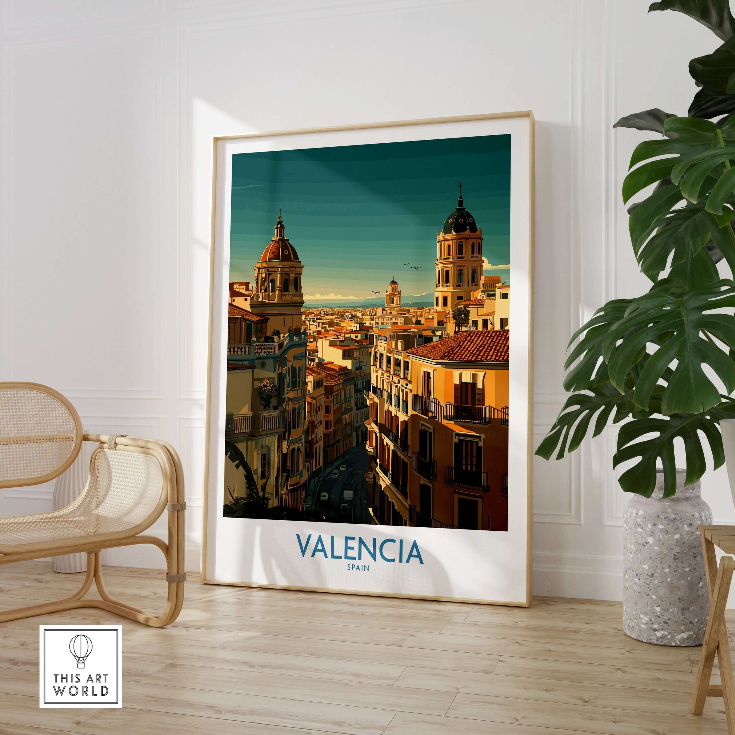 Valencia Spain Old Town Travel Poster Wall Art featuring colorful architecture and skyline view.