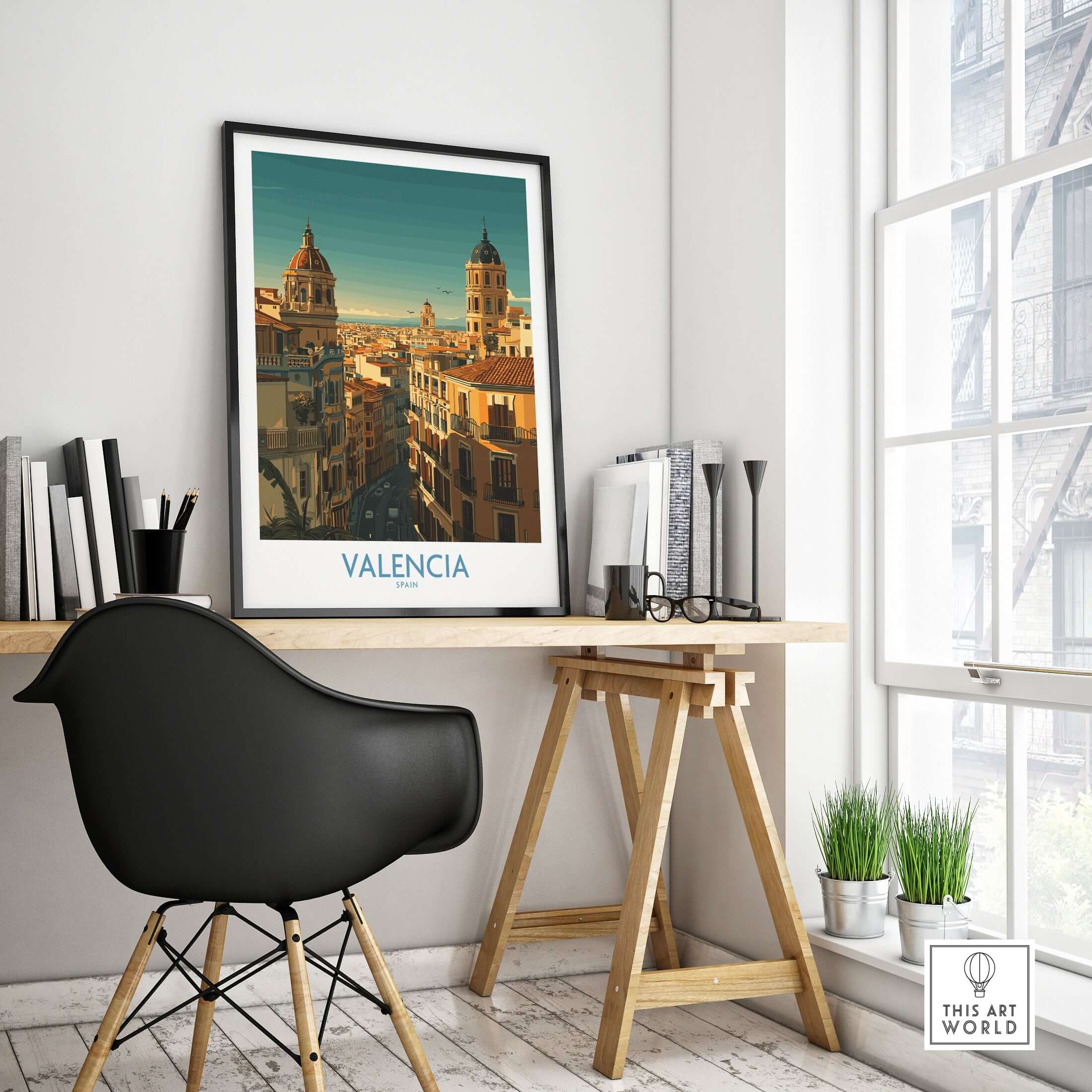 Valencia Spain Old Town Travel Poster Wall Art displayed in an elegant workspace showcasing vibrant architecture.