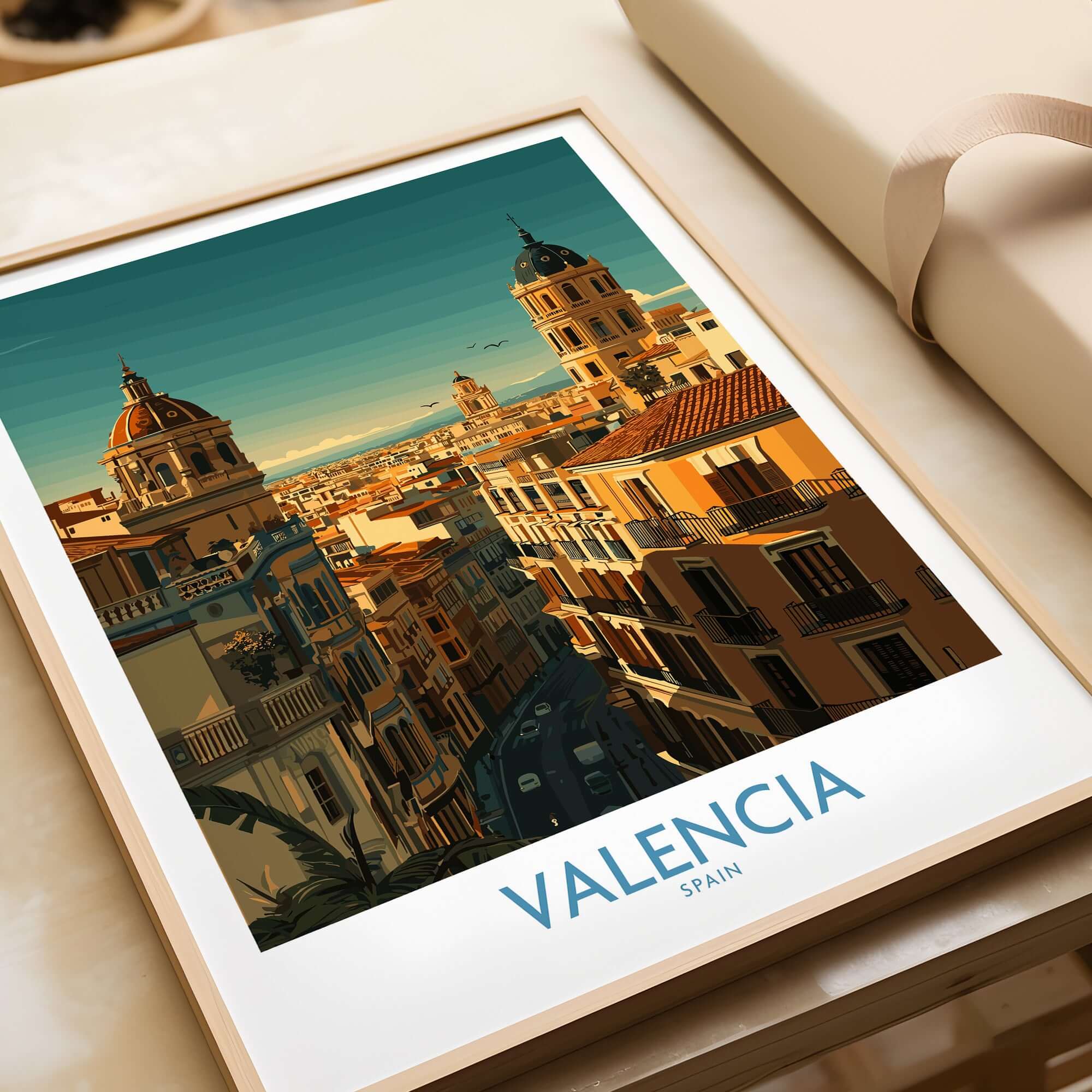 Valencia Spain Old Town Travel Poster Wall Art showcasing vibrant architecture and a beautiful skyline.