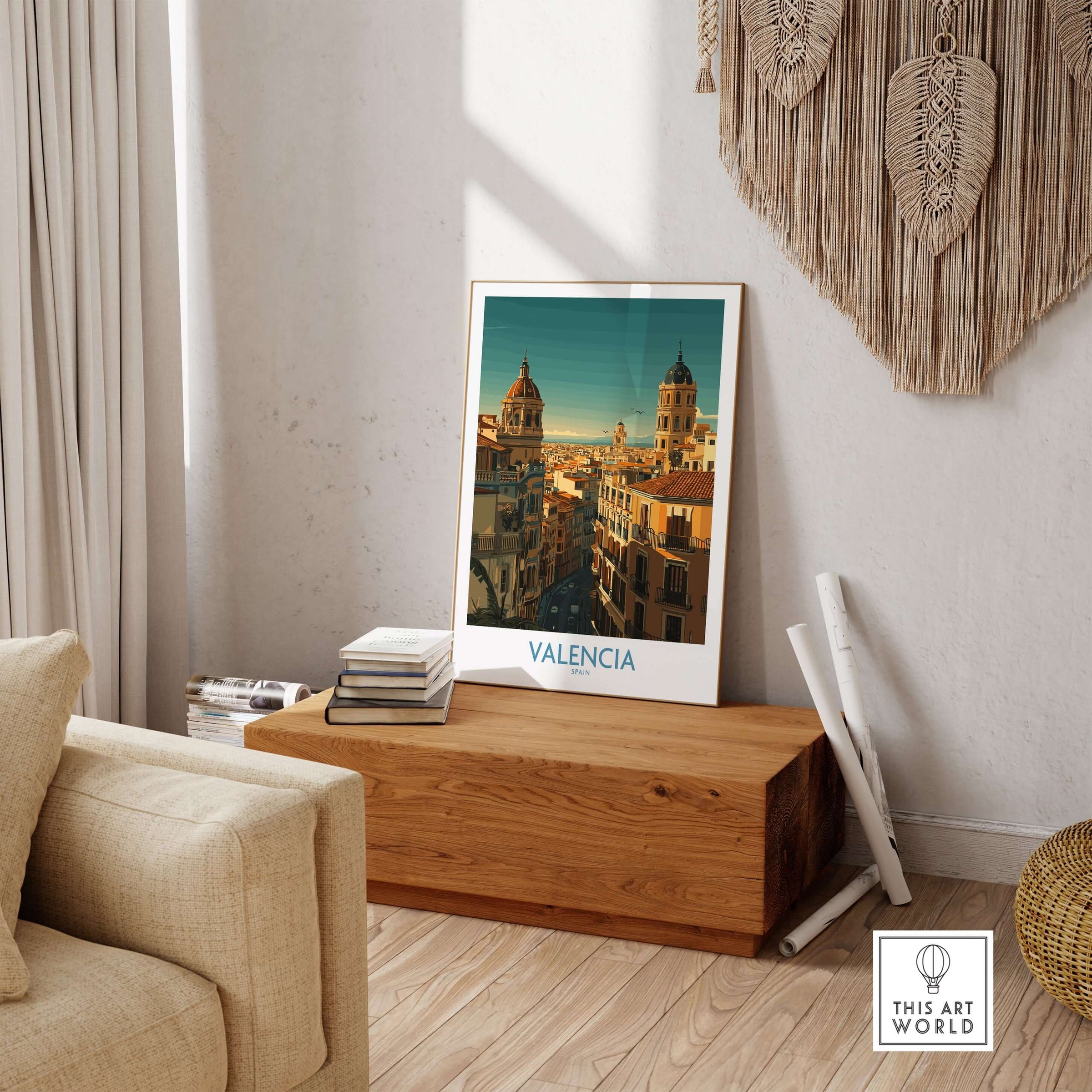 Valencia Spain Old Town Travel Poster Wall Art displayed in a stylish living room setting.