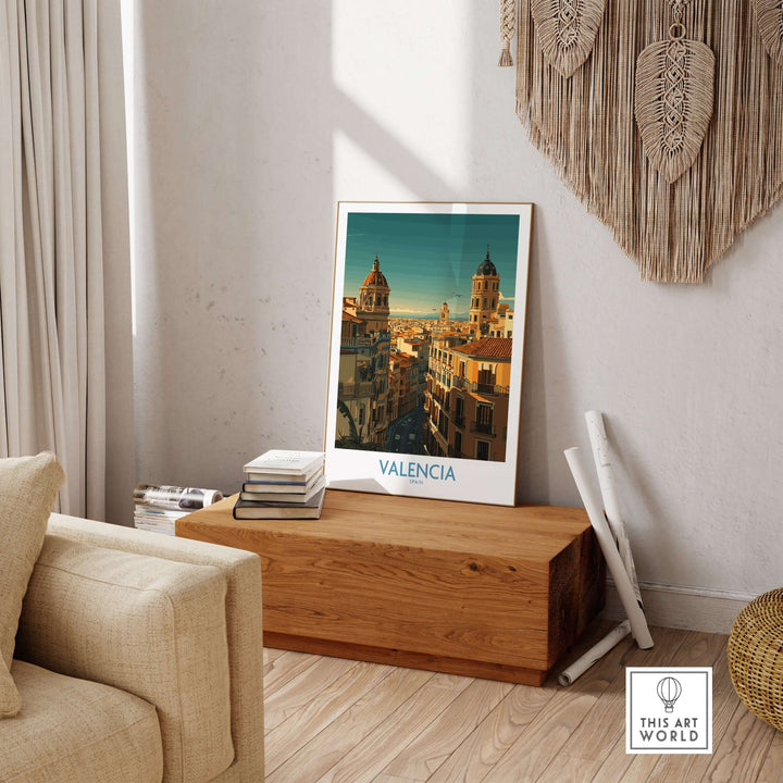 Valencia Spain old town travel poster wall art displayed in a cozy living room setting.