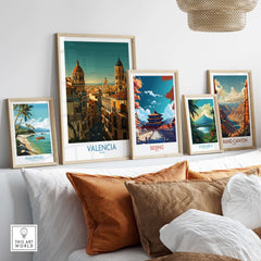 Valencia Spain Old Town Travel Poster Wall Art displayed among other travel posters on a stylish wall.