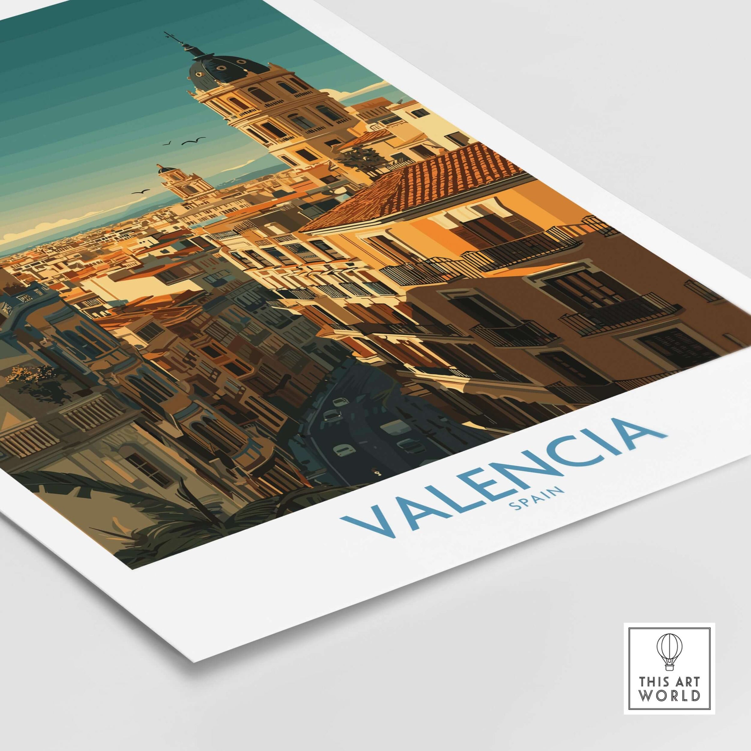 Valencia Spain Old Town Travel Poster Wall Art showcasing colorful architecture and vibrant streets of Valencia.