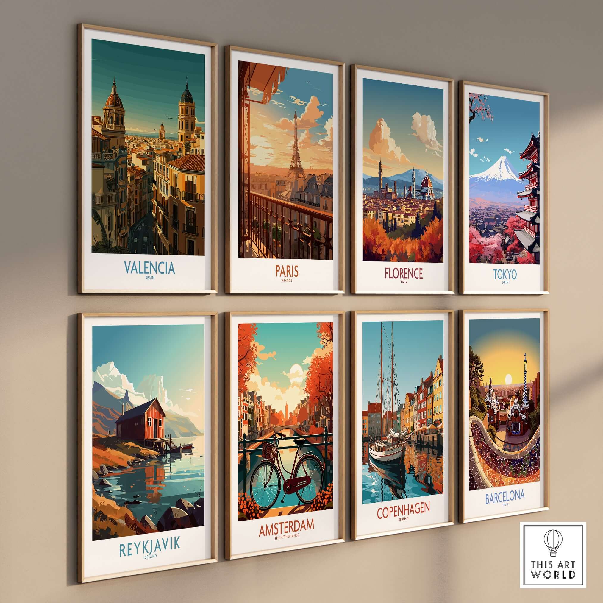Valencia Spain Old Town Travel Poster Wall Art displayed among other travel posters in a gallery wall setting.