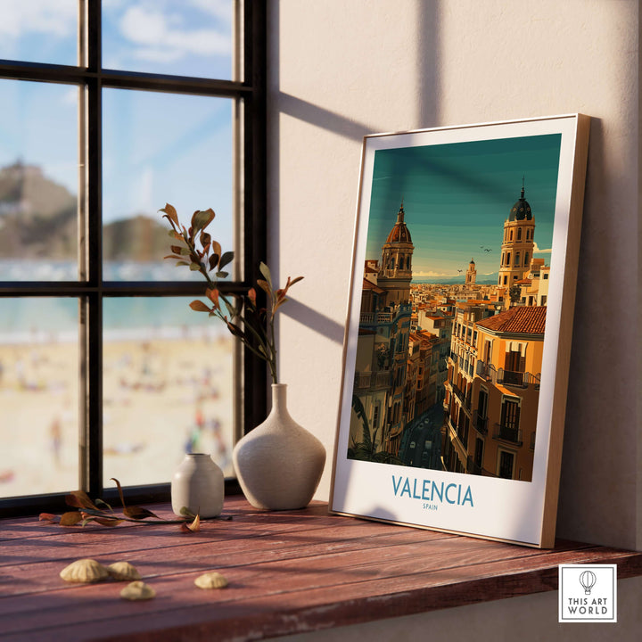Valencia Spain old town travel poster art on a shelf with a seaside view, showcasing vibrant architecture and culture.