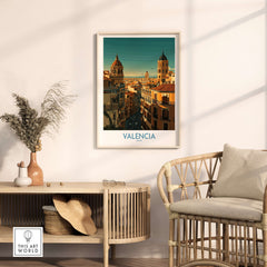 Valencia Spain Old Town Travel Poster Wall Art featuring stunning skyline and colorful architecture.