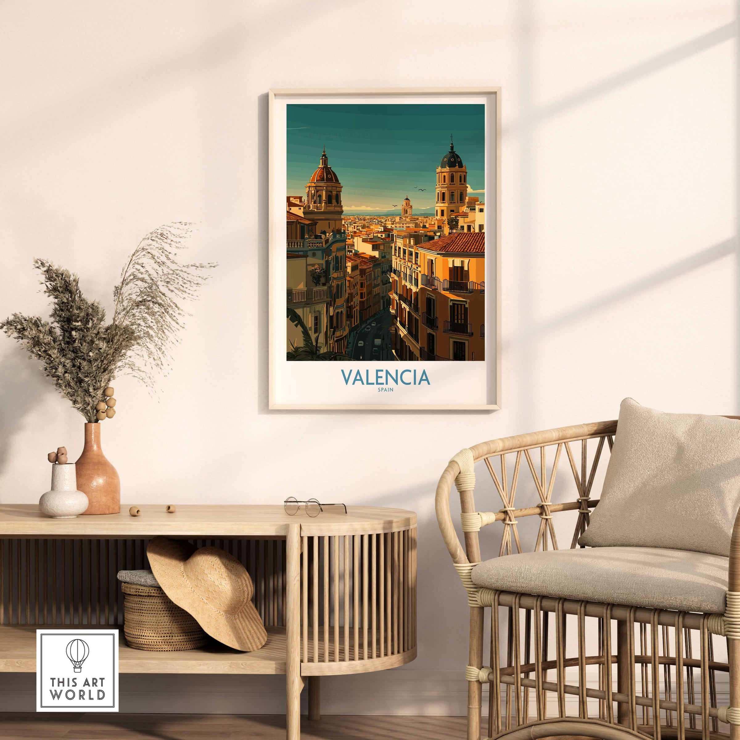 Valencia Spain Old Town Travel Poster Wall Art featuring stunning skyline and colorful architecture.