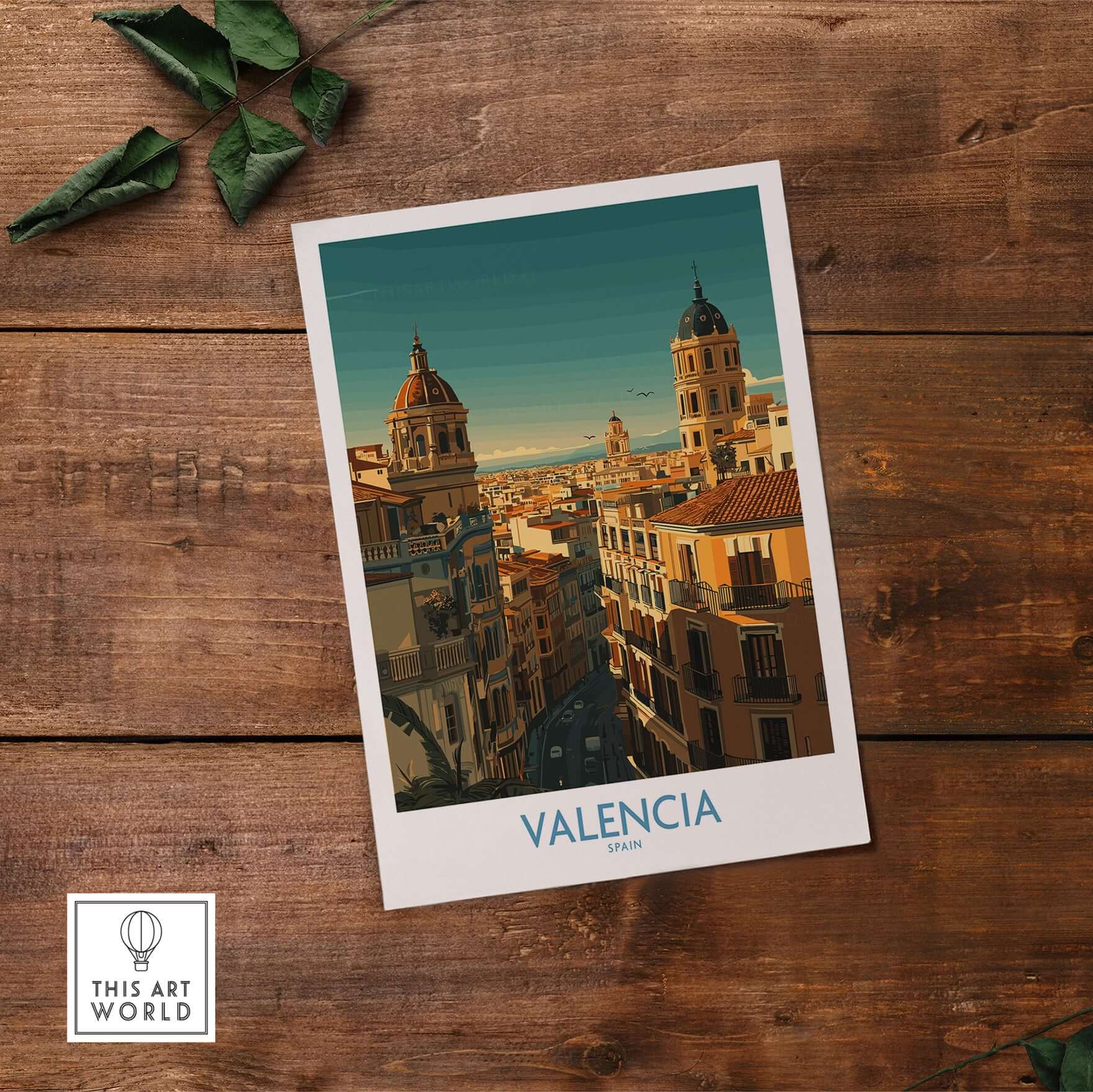 Valencia Spain Old Town Travel Poster Wall Art showcasing vibrant city skyline and charming architecture.