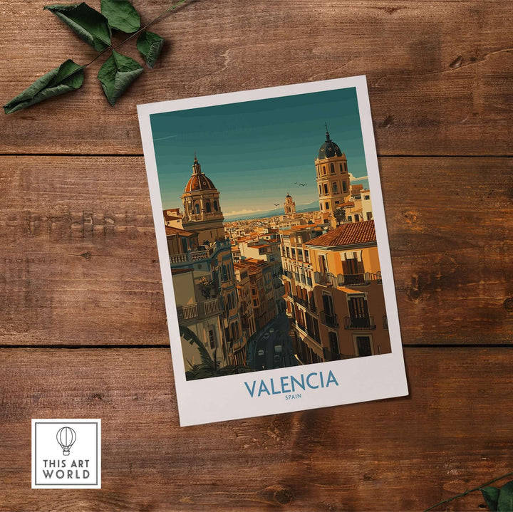 Valencia Spain travel poster featuring colorful old town architecture and skyline, perfect for home decor.