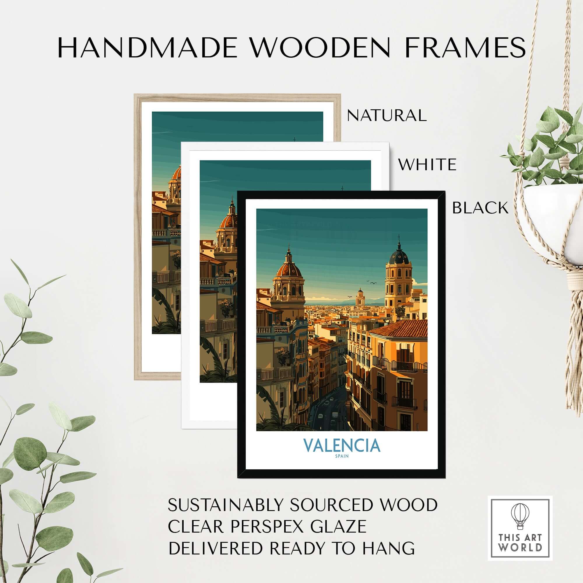 Valencia Spain Old Town Travel Poster Wall Art with handmade wooden frames in natural, white, and black options.