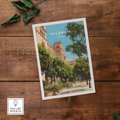 Valencia Spain Orange Tree Plaza Print - Historic City Street Poster showcasing vibrant orange trees and historic architecture.