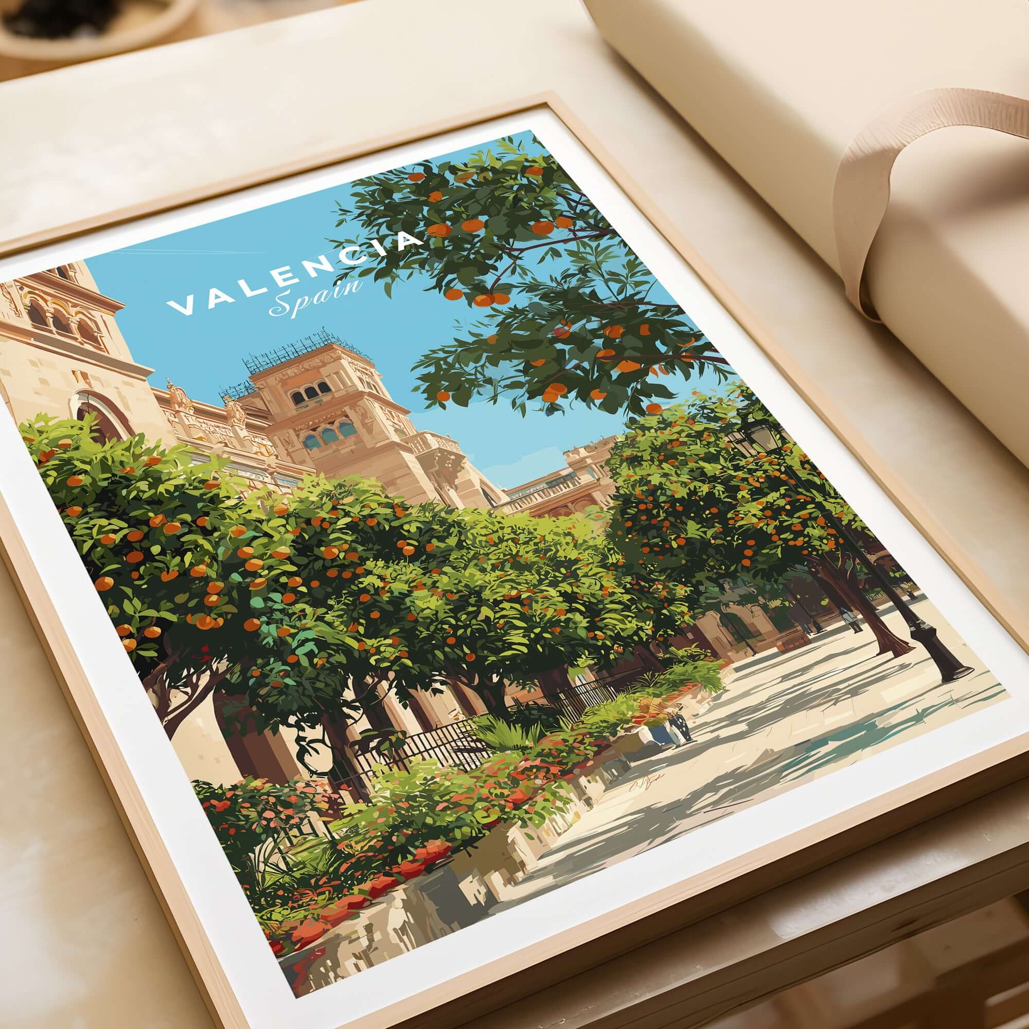 Valencia Spain Orange Tree Plaza Print - Historic City Street Poster featuring vibrant orange trees in a historic plaza.