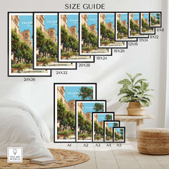 Valencia Spain Orange Tree Plaza Print - Historic City Street Poster size guide with various frame dimensions.