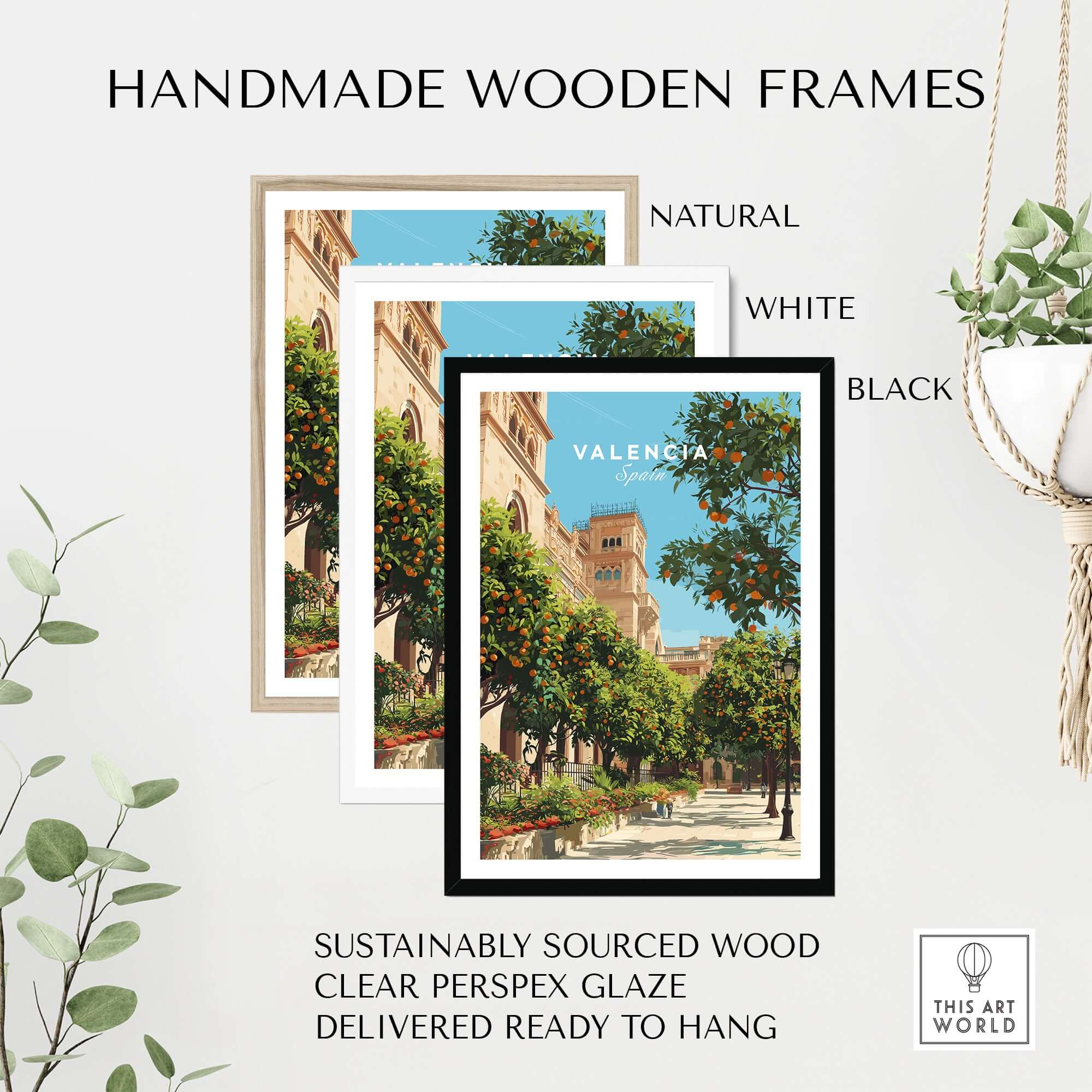Valencia Spain Orange Tree Plaza Print - Historic City Street Poster framed in natural, white, and black handmade wooden frames