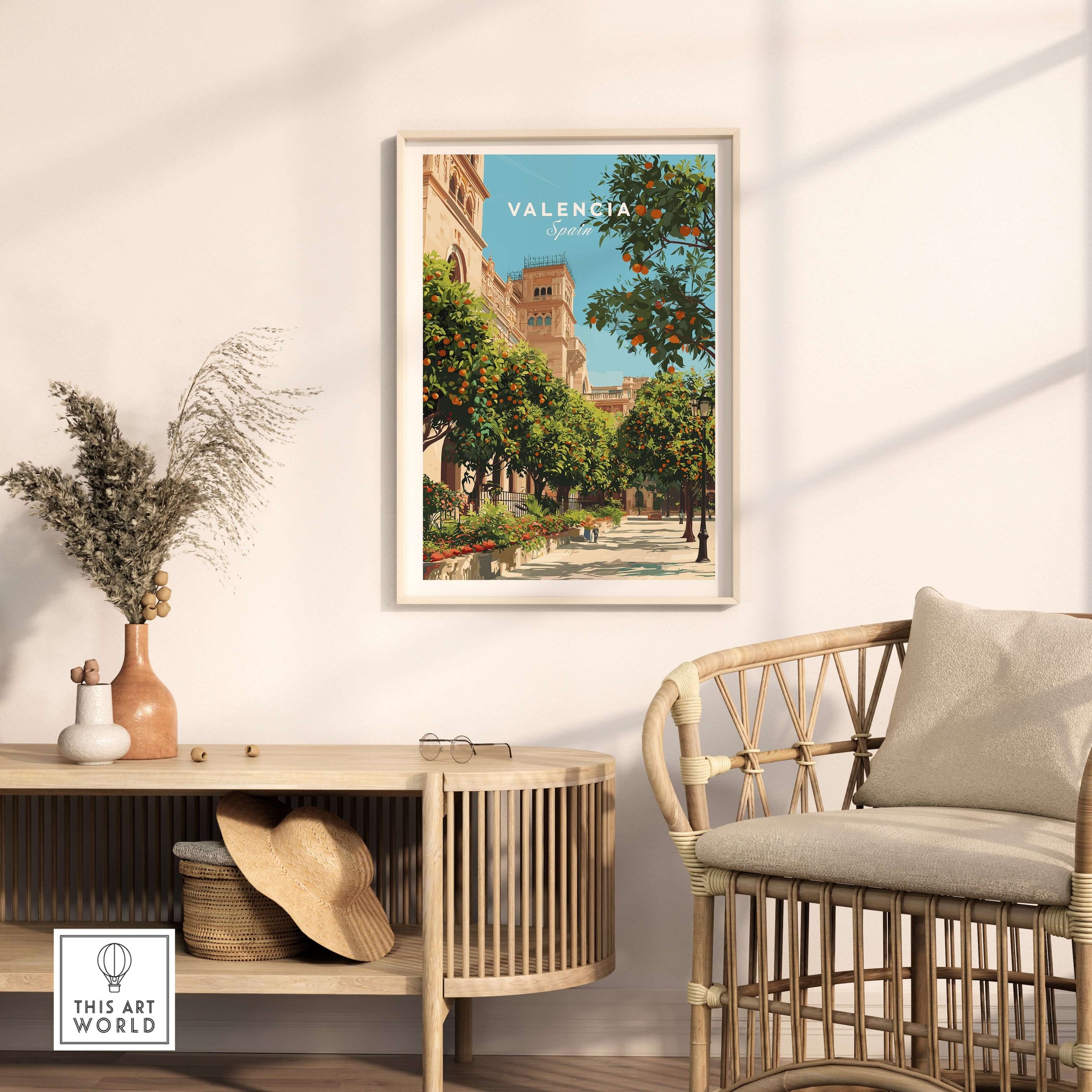 Valencia Spain Orange Tree Plaza Print - Historic City Street Poster displayed in a modern living room setting.