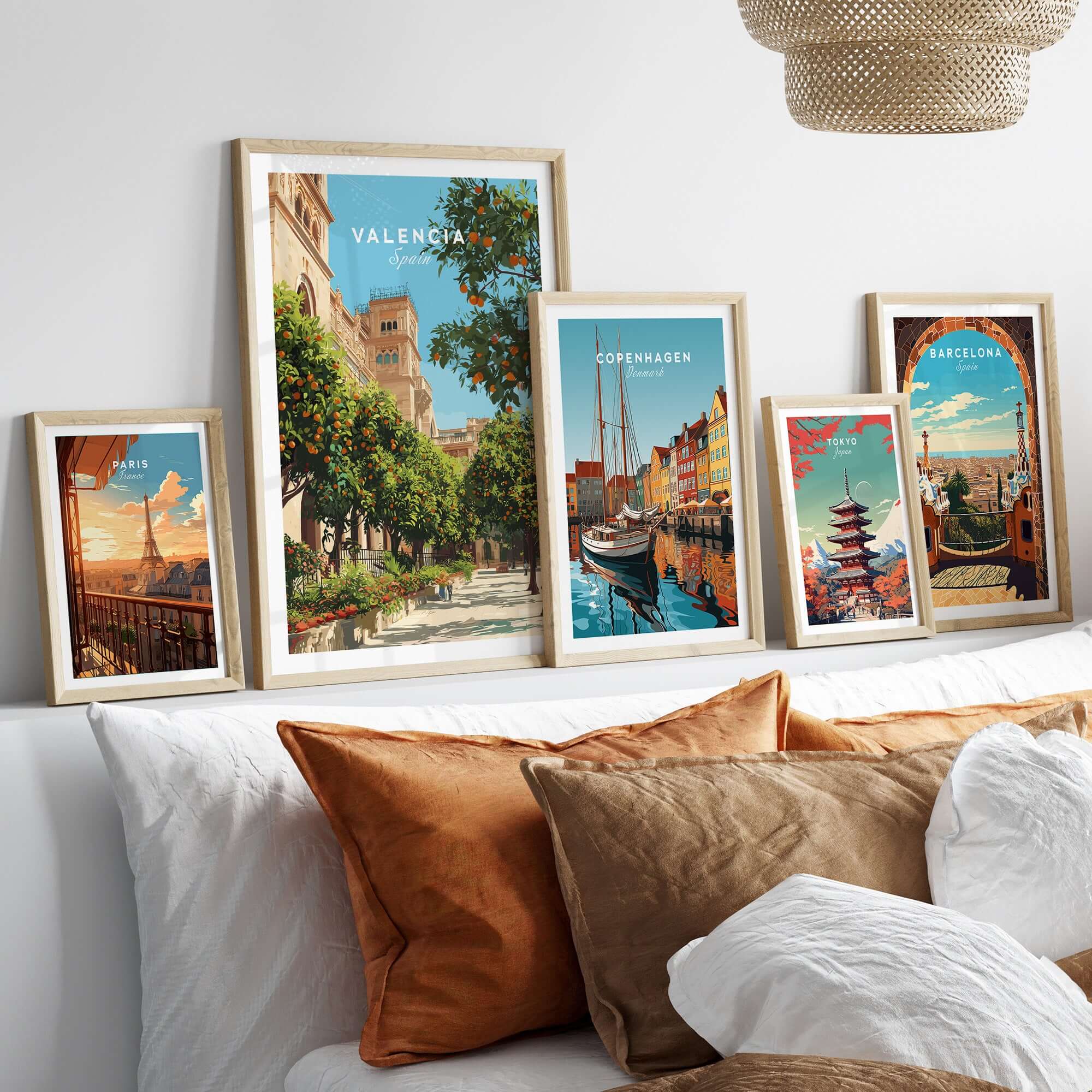 Valencia Spain Orange Tree Plaza Print - Historic City Street Poster displayed in a stylish interior setting.